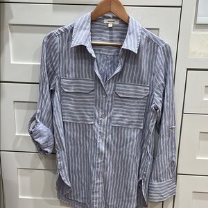White and Blue Button Down Shirt with Pinstripe Pattern